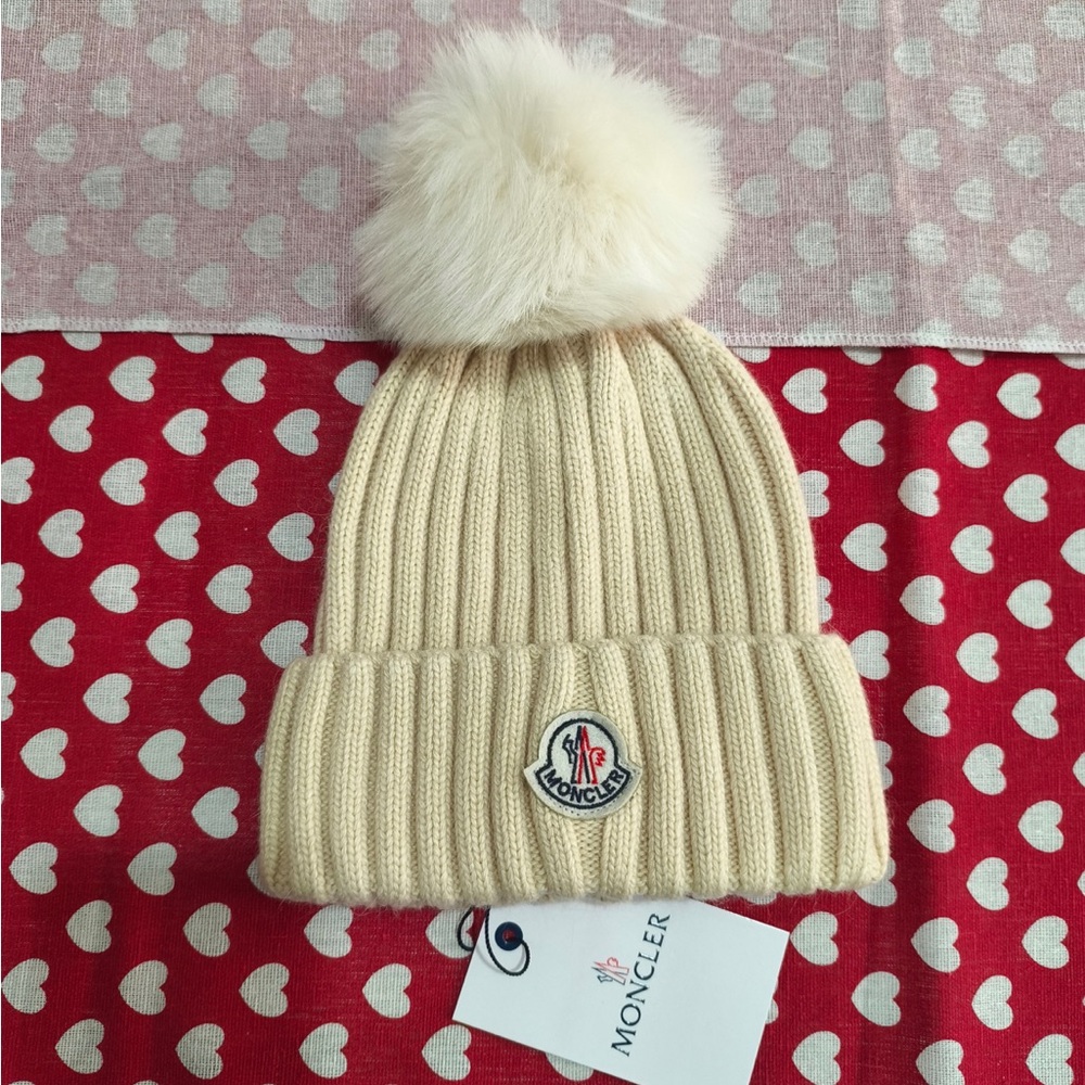 Moncler Cream Ribbed Beanie with Faux-Fur Pom